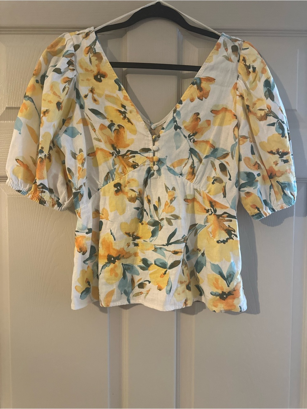 GAP Yellow Floral V-Neck Puff-Sleeve Blouse